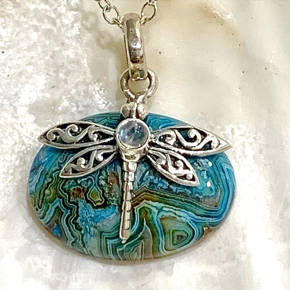 Blue Laguna Lace & Moonstone Sterling Dragonfly Pendant - Picture 5 of 5